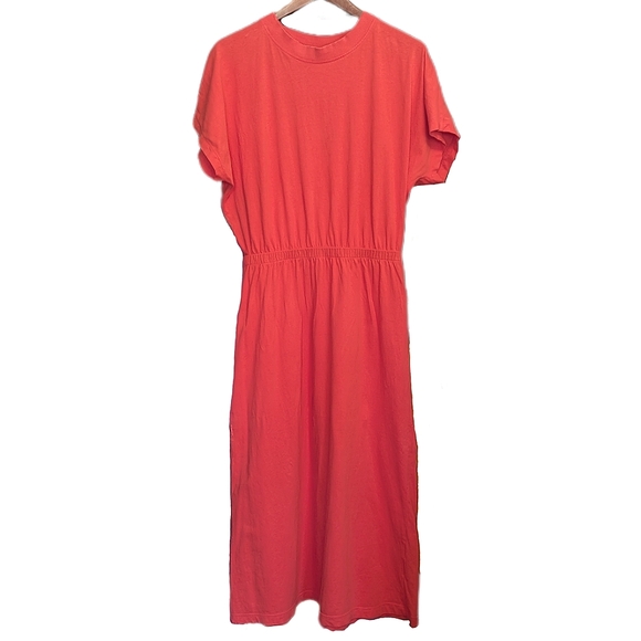 H&M Long Coral Red Elastic waist Jersey Tee Shirt Dress Medium Large - Picture 1 of 12